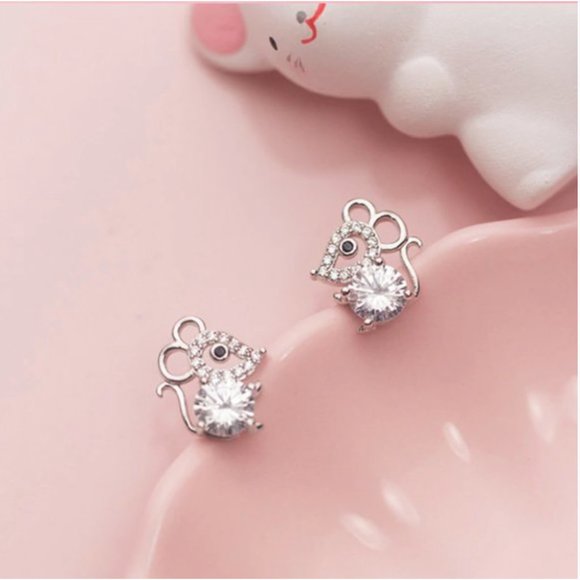 NEW Tibetan 925 Silver Cute Mouse Zircon Earrings - Picture 5 of 15